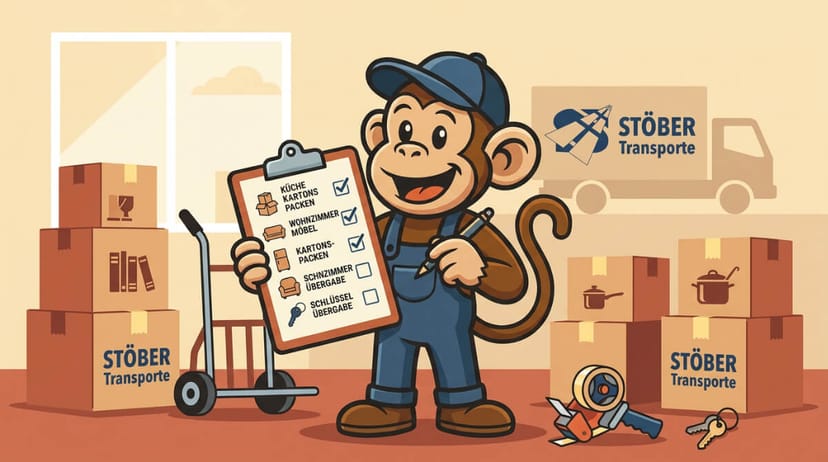 Umzugscheckliste auf einem Klemmbrett neben gepackten Umzugskartons – Stöber Transporte Maskottchen hilft beim Planen