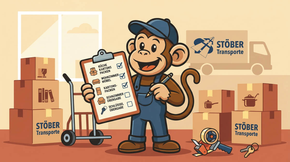 Umzugscheckliste auf einem Klemmbrett neben gepackten Umzugskartons – Stöber Transporte Maskottchen hilft beim Planen